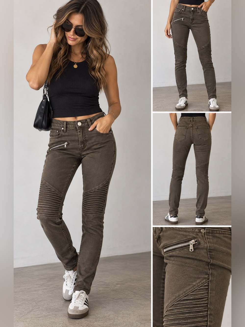 Zara Basic Z1975 Olive Moto Biker Skinny Jeans Ribbed Knee Size 6